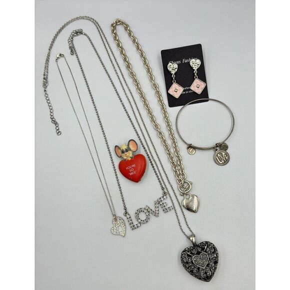 Silver Tone Heart LOVE Valentine’s Day Jewelry Lot Necklace Bracelet Earrings - Picture 1 of 6